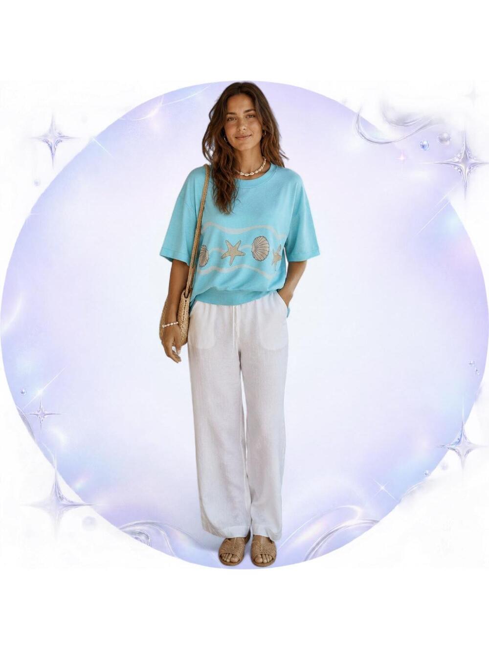 Vintage Separate Scene Seashell & Starfish Beach Sweatshirt Top